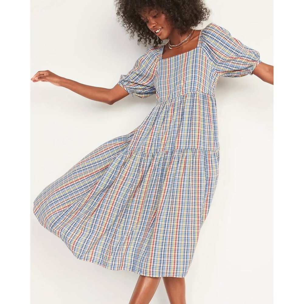 Old Navy XL Tall Plaid Puff-Sleeve Tiered Midi Dress Blue Multi Cottagecore